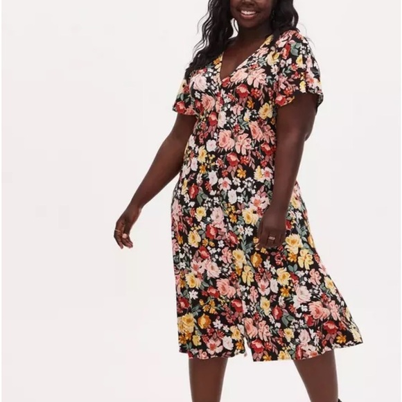 Torrid Black Floral Challis Button Front Midi Dress Size 10 Resortwear Vacation - Picture 1 of 13